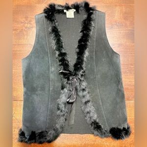Vintage Genuine Leather Vest w/ Real Rabbit Fur Trim